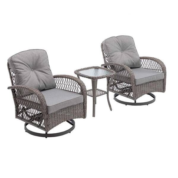 Tunearary 3-Piece Gray Wicker Modern Furniture Outdoor Conversation Swivel Chair Set With a Table and Gray Cushion
