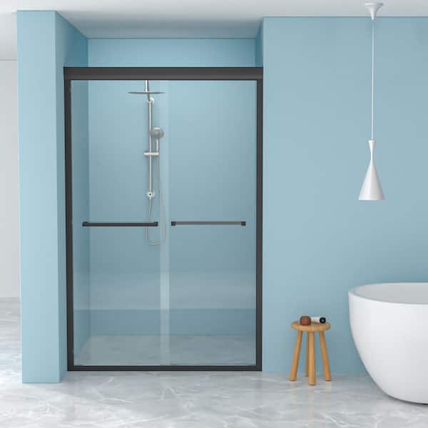 48 in. W x 76 in. H Double Sliding Framed Shower Door in Matte Black Finish with Glass
