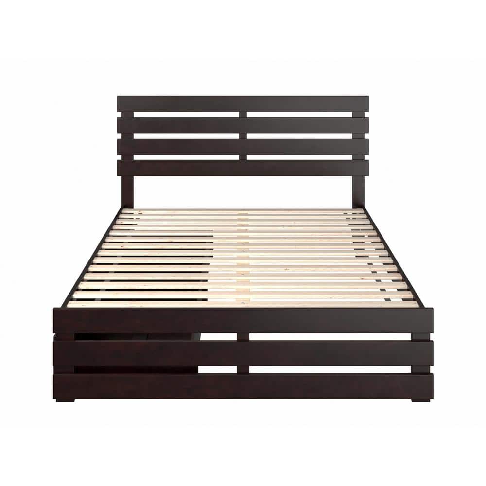 Espresso Queen Wood Frame Bed with Storage Drawers and Slats