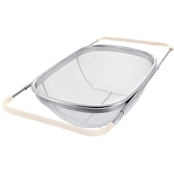 Stainless Steel 6 qt. Over-the-Sink Oval Colander with Fine Mesh Basket and Expandable Rubber Grip Handles, Beige