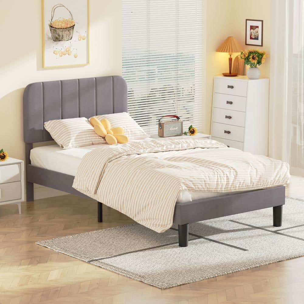 VECELO Upholstered Bed Frame Gray Metal Frame Twin Platform Bed With ...