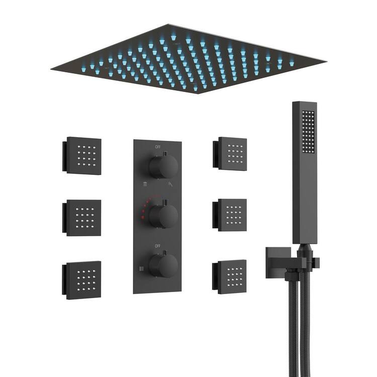 EVERSTEIN 5-Spray Patterns LED Shower System 12 in. Ceiling Mount Dual Shower Heads Fixed Shower Head in Matte Black 2.5 GPM