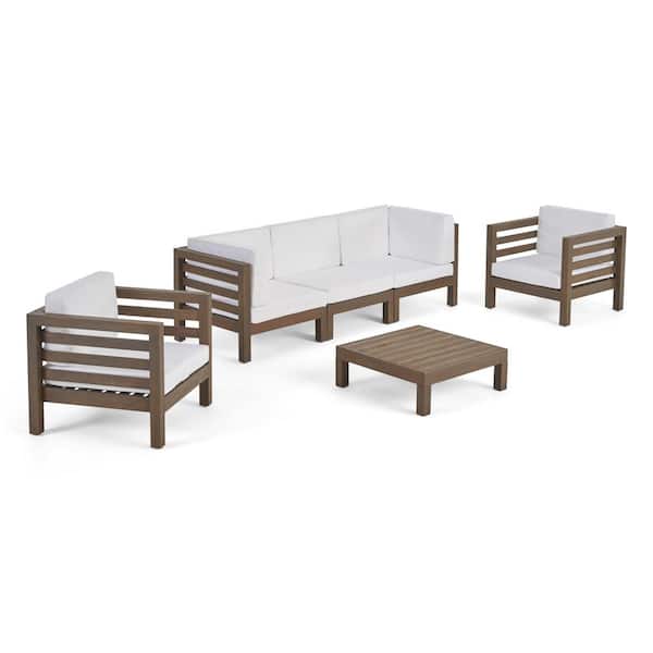 Noble House Oana Grey 6-Piece Wood Outdoor Patio Conversation Set with White Cushions