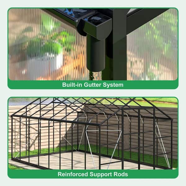 NETAJE 10 ft W x 16 ft D Black Polycarbonate Greenhouse with Quick