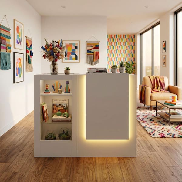 47.2 in. W L-Shape White Wooden Corner Computer Desk, Writing Desk w/ Open Shelves, Glass Display Cabinet and LED Lights