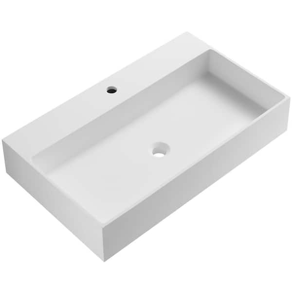 SERENE VALLEY 32 in. Wall-Mount or Countertop Install Solid Surface Bathroom Sink with Single Faucet Hole in Matte White