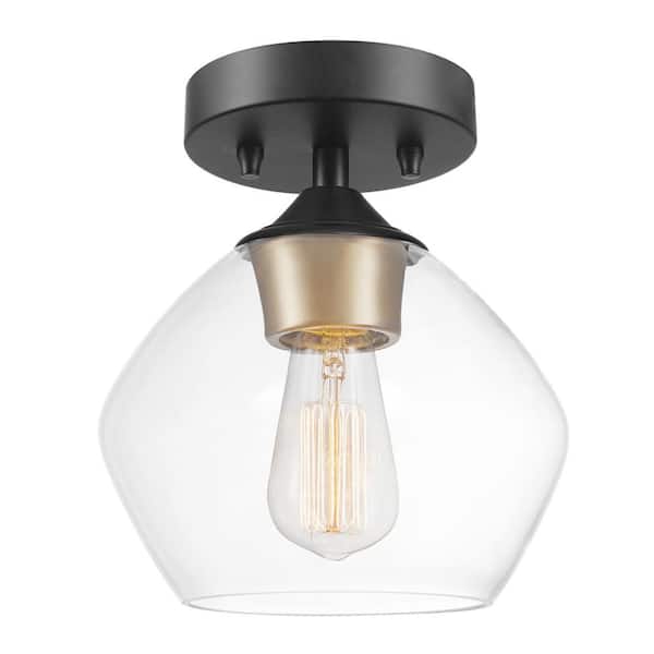 Globe Electric Harrow 1 Light Matte Black Semi Flush Mount Ceiling With Gold Accent Socket And Clear Glass Shade 60333 - Shade Ceiling Light Glass