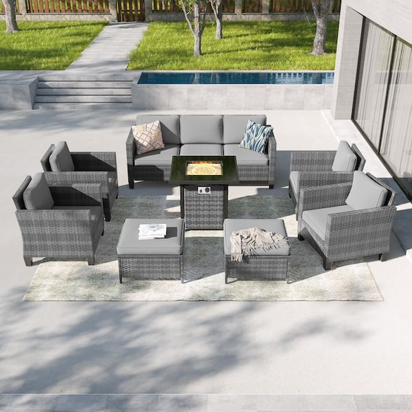 JOYESERY 8-Pieces Patio Conversation Set with Square Fire Pit Table, Gray Wicker Wide Armrests Sofa with Gray Cushion