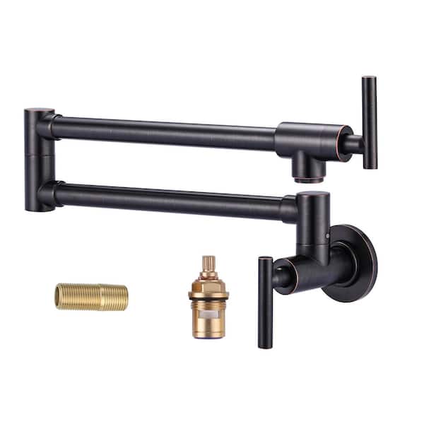 IVIGA Brass Wall Mount Pot Filler with 2-Handles and Double Joint Swing Arms Folding Kitchen Faucet in Oil Rubbed Bronze