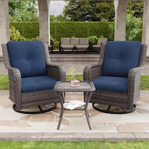 3-Piece Wicker Patio Swivel Outdoor Rocking Chair Set with Blue Cushions and Table