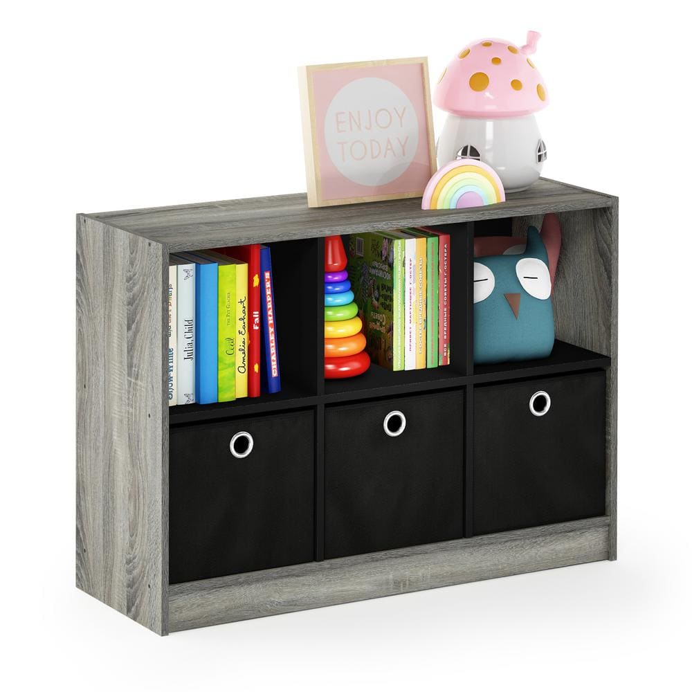 Gray Oak and Black 34" Modern Bookcase with Fabric Drawers