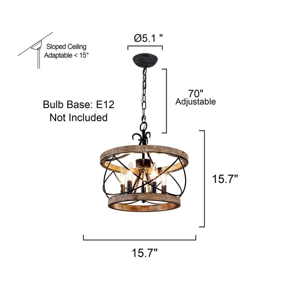 15.7" Weathered Wood Drum Farmhouse Chandelier with Adjustable Chain