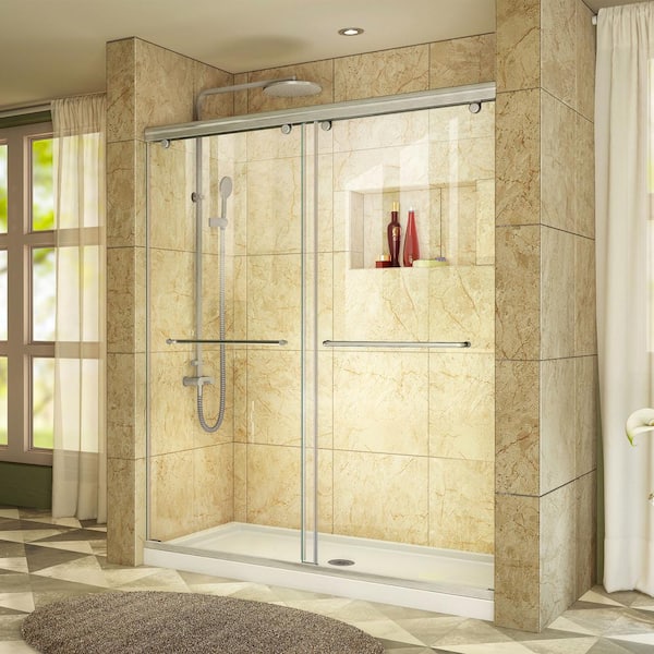 DreamLine Charisma 30 in. x 60 in. x 78.75 in. Semi-Frameless Sliding Shower Door in Brushed Nickel with Center Drain Acrylic Base