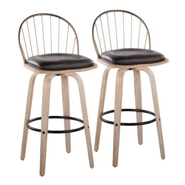 Lumisource Riley 30.25 in. Brown Faux Leather, Washed Wood, Copper Metal Bar Stool Bent Wood Legs & Round Black Footrest (Set of 2)