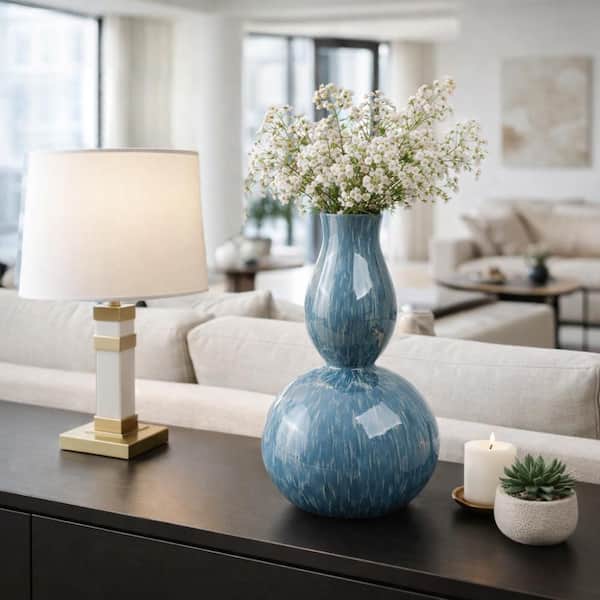 Liv & Skye 17.75 in. Teal Blue Ceramic Double Gourd Decorative Vase