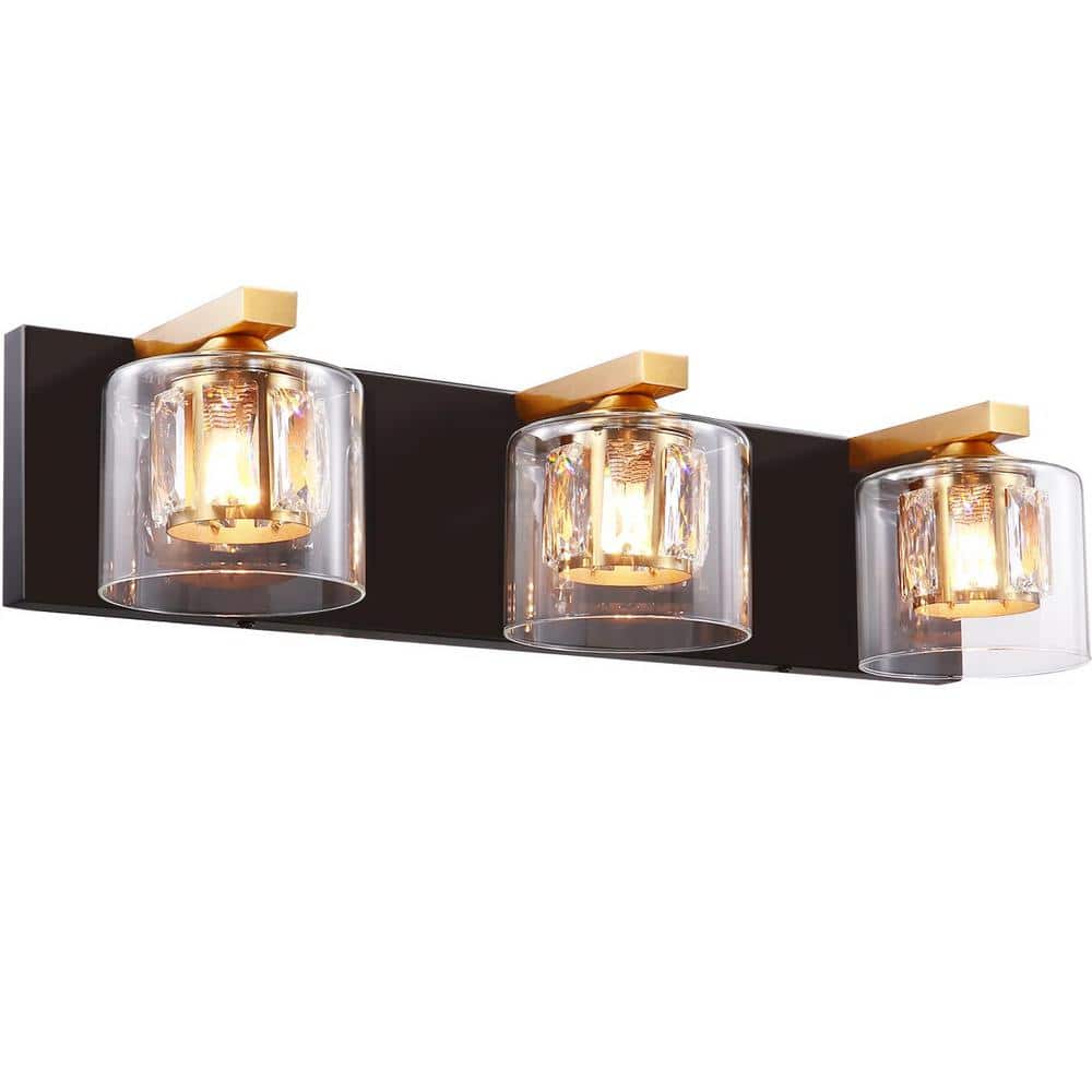 Delvon 21 in. 3-Light Matte Black/Gold Vanity Light with Double Layer Clear