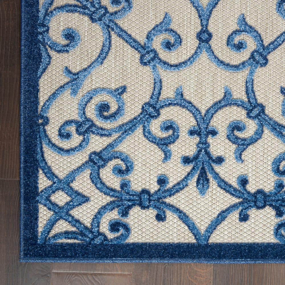 Aloha Contemporary Scroll 5'3" Round Blue/Grey Outdoor Rug