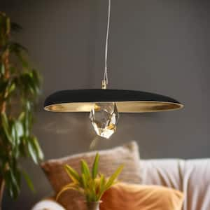 Posipatry 7-Watt 1-Light Matte Black and Plating Brass Integrated LED Pendant Light with Crystal Vintage Goldleaf