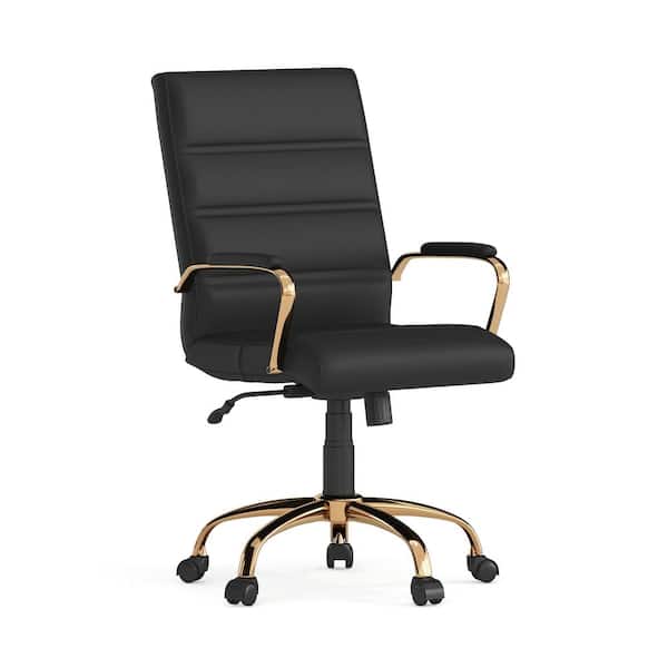 Flash Furniture Whitney Mid-Back Faux Leather Swivel Ergonomic Executive Office Chair in Black/Gold Frame with Arms