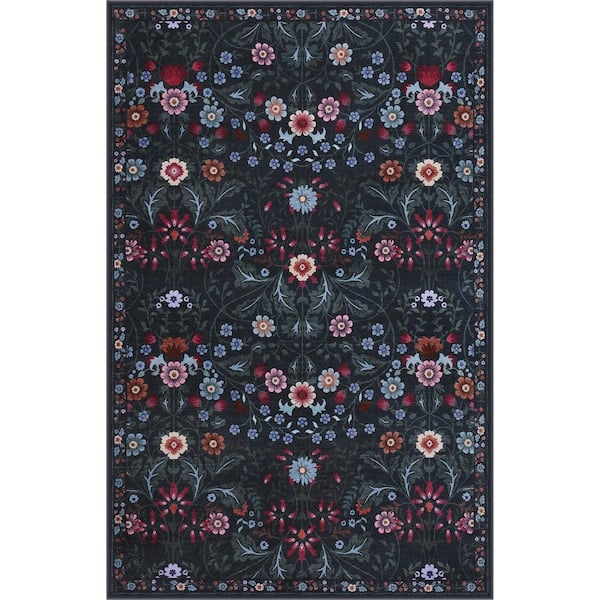 Primrose Art Nouveau Floral Border Machine-Washable Dark Green/Multi 4 ft. x 6 ft. Area Rug