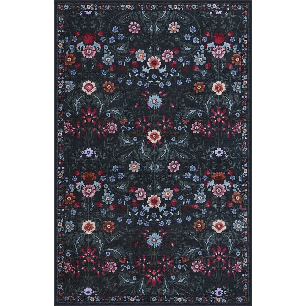 Primrose Art Nouveau Floral Border Machine-Washable Dark Green/Multi 5 ft. x 8 ft. Area Rug price history on PriceWatchPro