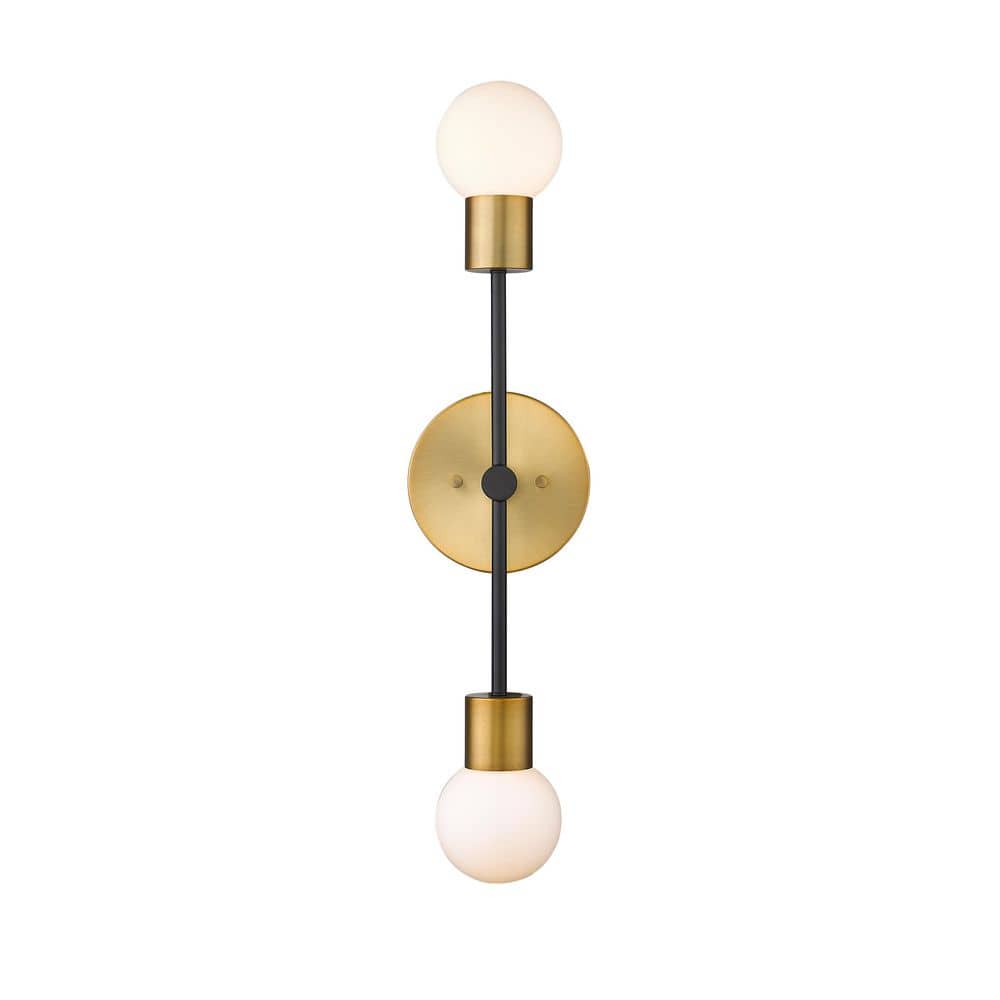 Neutra 25.5" Matte Black and Brass Wall Sconce with Opal Glass Shades