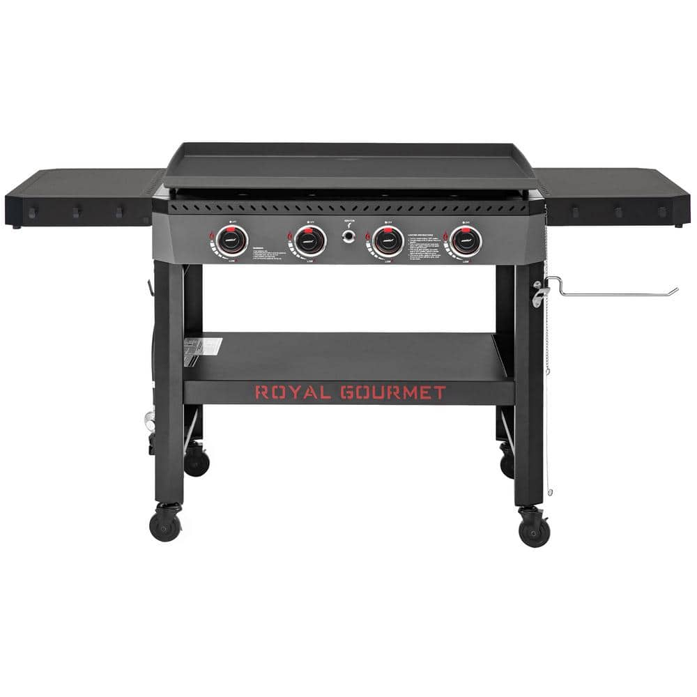 Royal Gourmet 34-in. 4-Burner Propane Gas Griddle with Collapsible Side Shelves and Storage Baskett, 52,000 BTU, Black