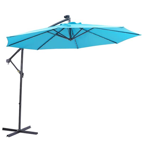 Unbranded 10 ft. Steel Cantilever Solar LED Patio Umbrella in Blue with Cross Base