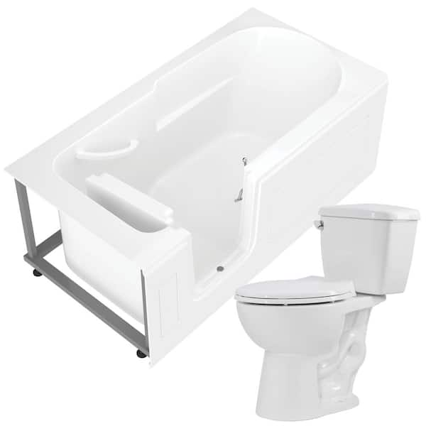 Universal Tubs Step-In 59.6 in. Walk-In Non-Whirlpool Bathtub in White with 1.28 GPF Single Flush Toilet