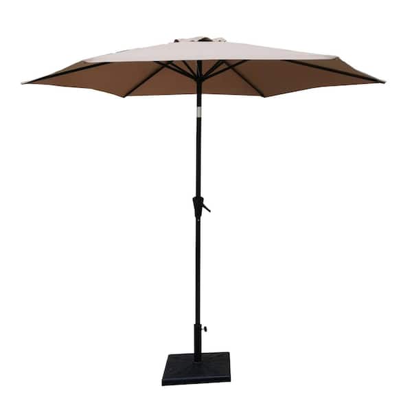 Runesay 8.8 ft. Outdoor Aluminum Market Patio Umbrella with 42 lbs. Square Resin Umbrella Base Push Button in Taupe