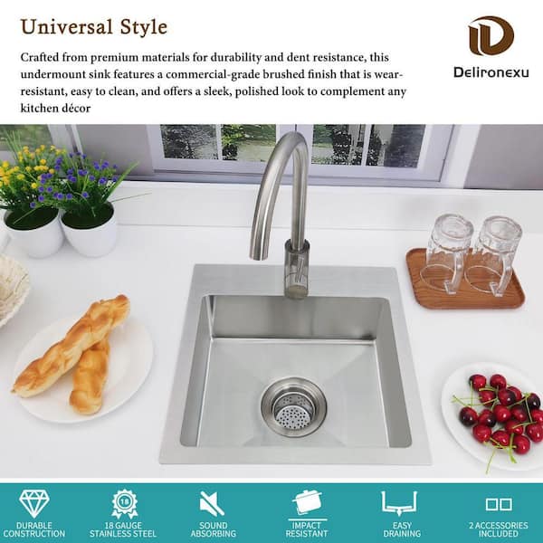 Delironexu 15in. Drop-In Bar Sink-18G Stainless Steel Single Bowl