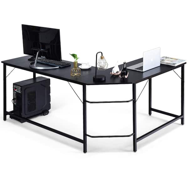 Black L-shaped Computer Desk Corner PC Table Workstation Home Office w/ Shelves 
