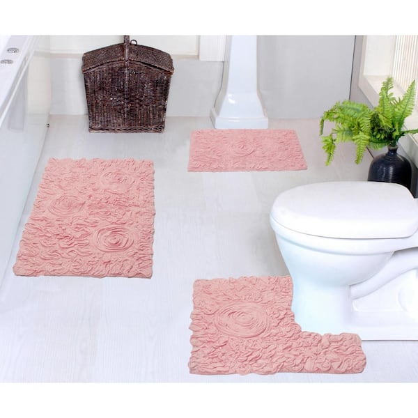 Bell Flower Collection 100% Cotton Tufted Bath Rug, 3-Pcs Set with Contour, Pink
