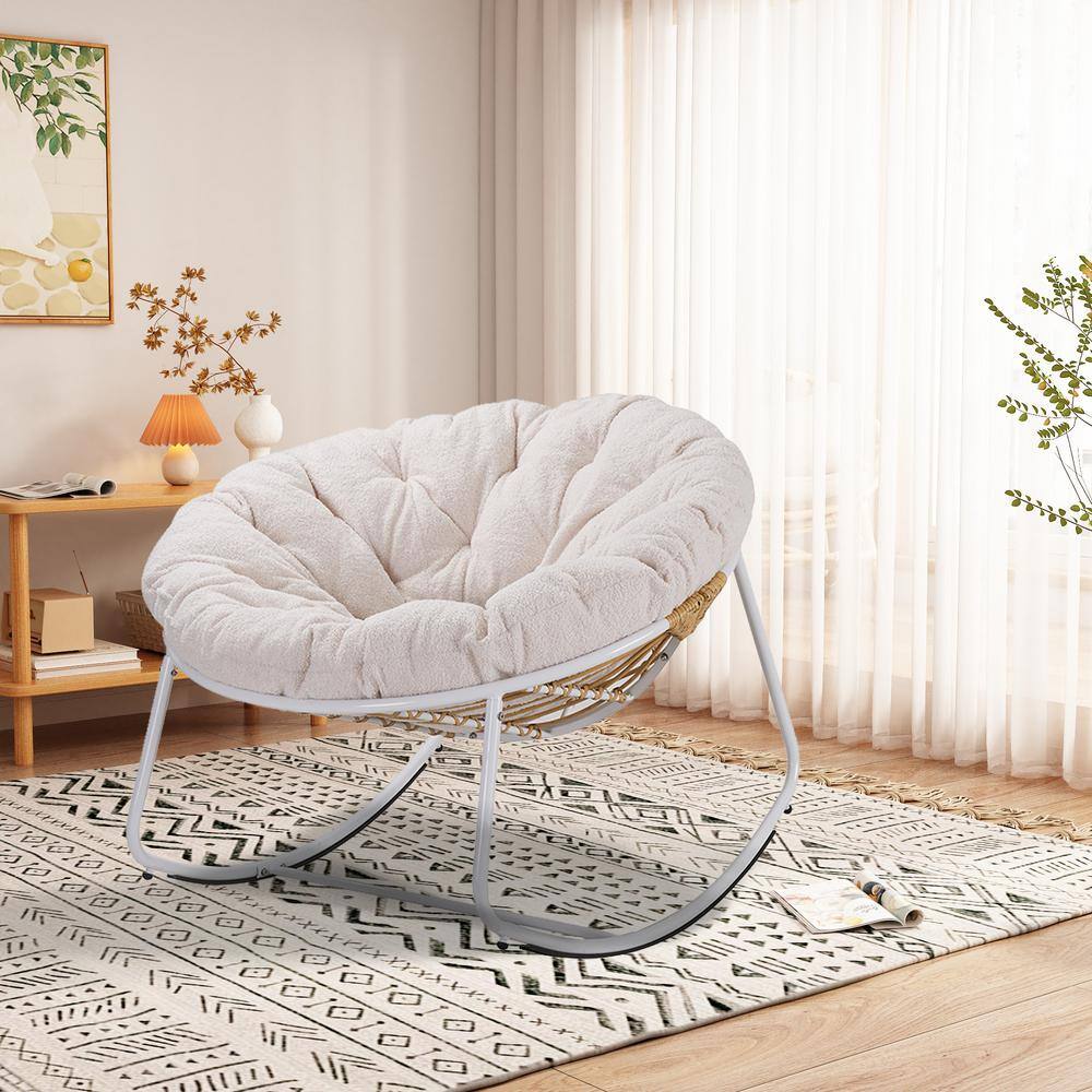 Cesicia Metal Round Outdoor Rocking Chair White Frame with Beige ...