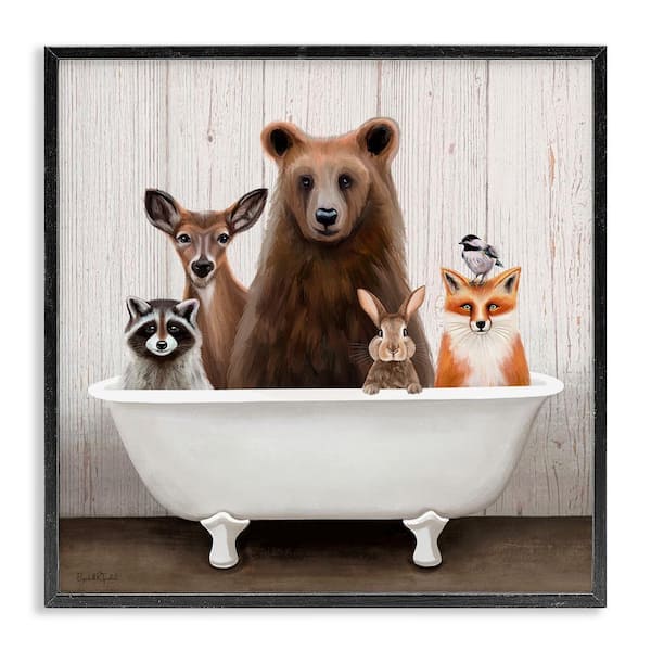 Woodland Creatures Antique Bathtub by Elizabeth Tyndall 1-Piece Black Framed Animal Giclee Art Print 12 in. x 12 in.