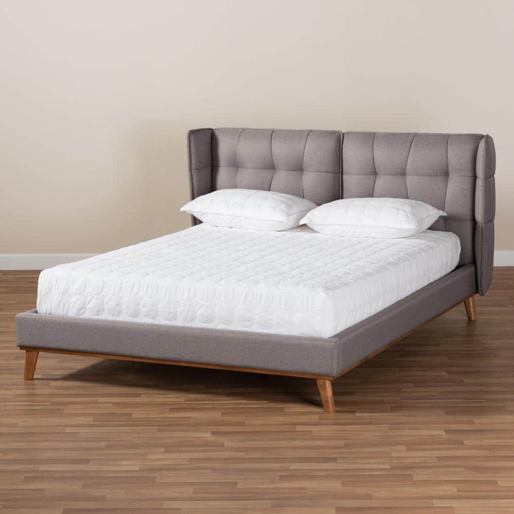 Elegant Queen-Sized Gray Upholstered Wingback Bed with Walnut Wood Frame