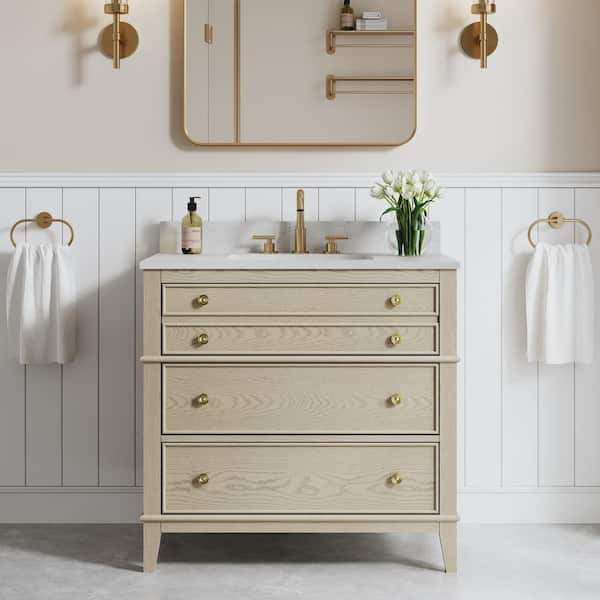 36 in. Oak Solid Wood Bath Vanity with White Quartz Top, Single Sink, Soft-Close Drawers, CUPC Certified, Assembled
