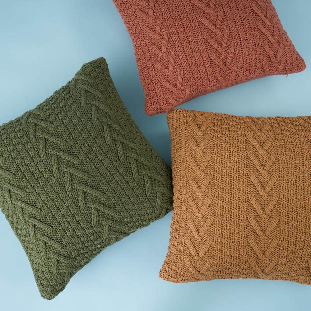 Winter Moss Green Chunky Knit Square Throw Pillow
