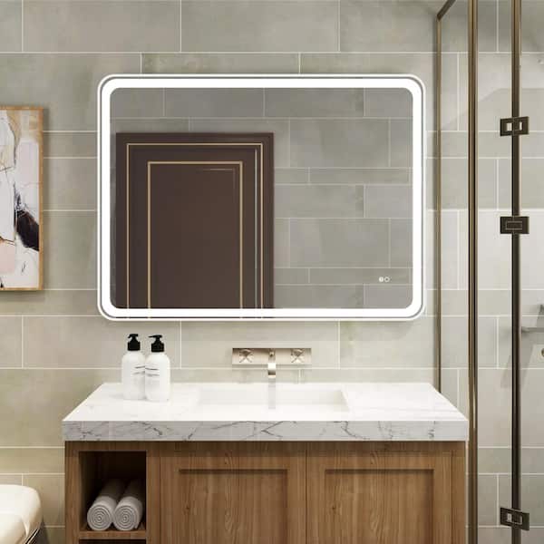 FORCLOVER 48 in. W x 36 in. H Rectangular R-Shaped Corners Aluminum Framed Dimmable LED Wall Bathroom Vanity Mirror in White