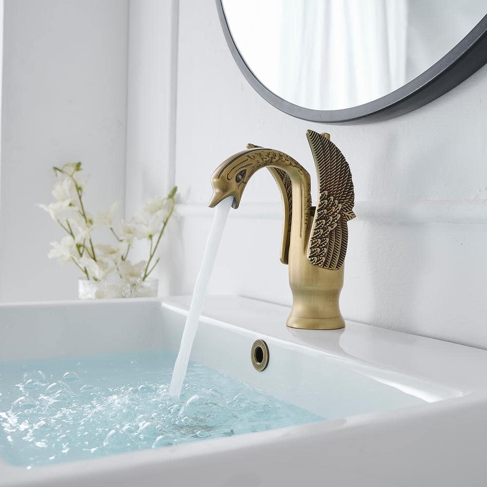 Antique Brass Swan-Shaped Single Handle Bathroom Faucet