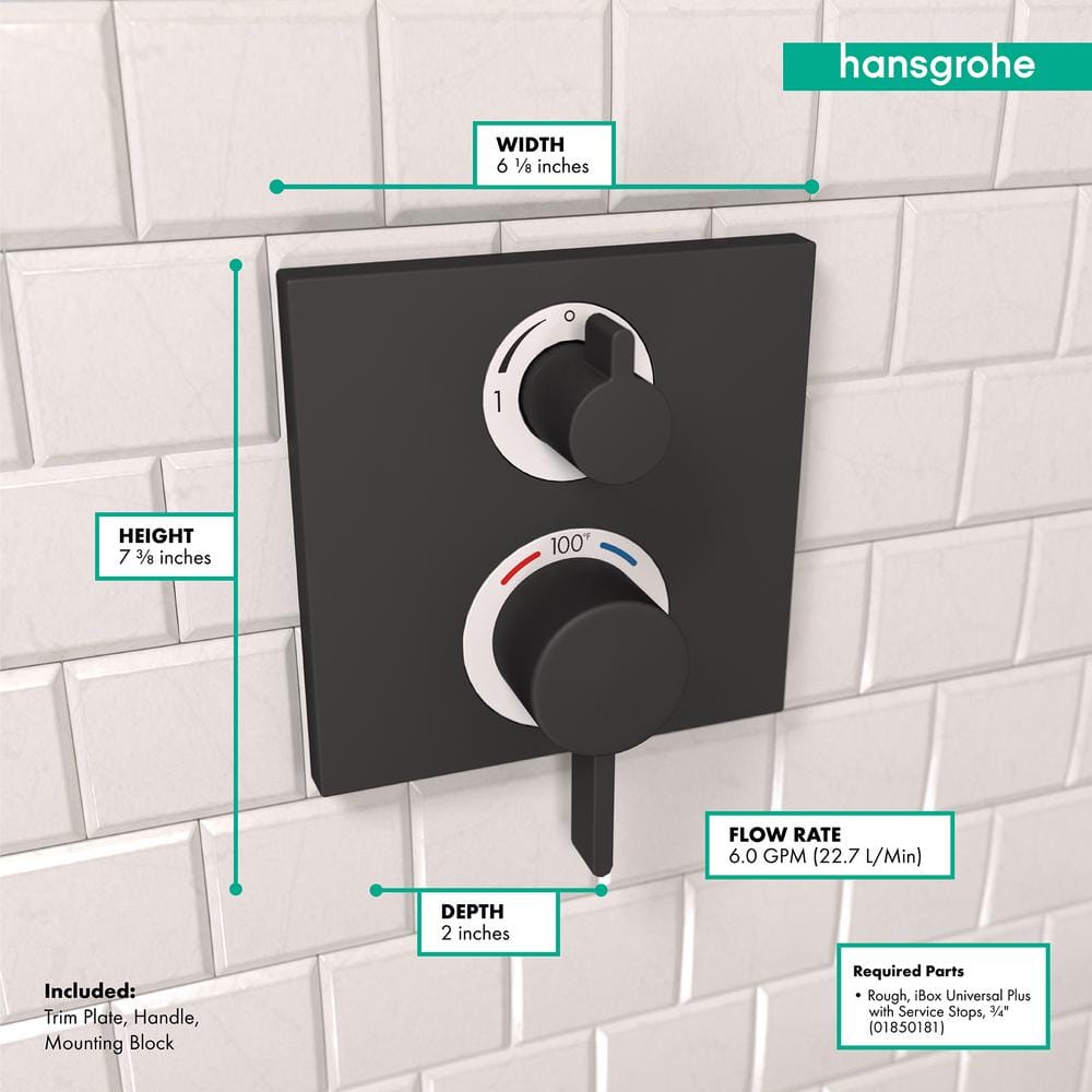 Matte Black Square Thermostatic Shower Valve Trim with Lever