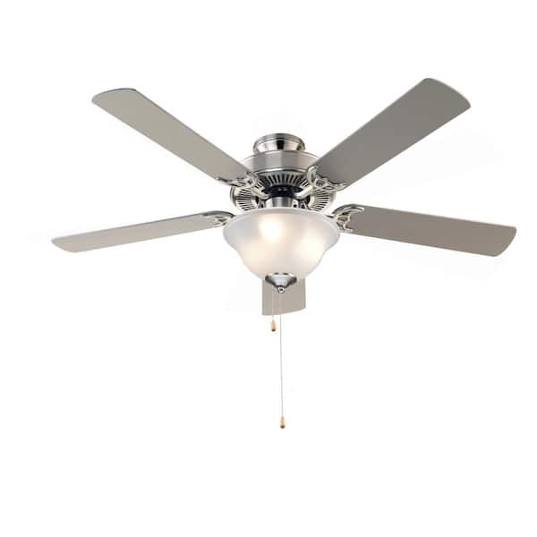 52 in. Indoor Brushed Nickel Traditional 3-Light Ceiling Fan with Light, Pull Chains, and 5 Reversible Blades
