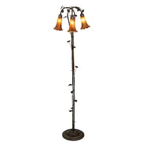 Pond Lily 58 in. Mahogany Bronze Victorian 3-Light Dimmable Arc Floor Lamp with Glass Cone Shade