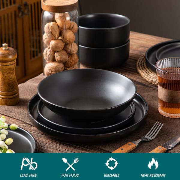 MALACASA 16-Piece Black Stoneware Dinnerware Set Service for