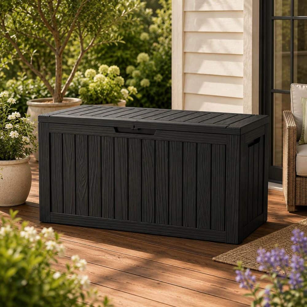 95 Gal. Large Black Wood Grain Resin Deck Box for Patio Pool Garden Porch Package Storage with Side Handles