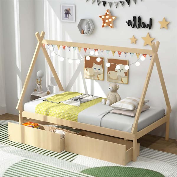 Yellow Twin Size Wooden House Bed Frame with 2-Drawers Roof Storage for Boys and Girls