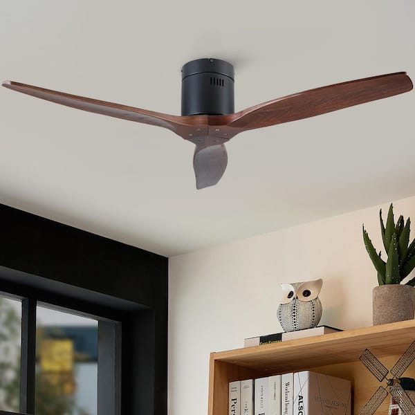 Elysian 52 in. Indoor Black Flush Standard Ceiling Fan without Light, Remote Control Included and Dark Wood Blades