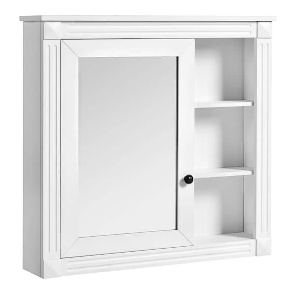 29.5 in. W x 28.7 in. H Rectangular White Wood Framed Wall Medicine Cabinet with Mirror Door and Open Shelves