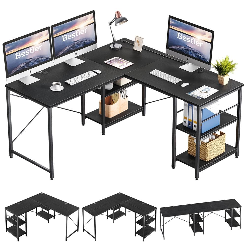 Bestier 95 in. Black - Grained L-Shaped Computer Desk with Storage ...