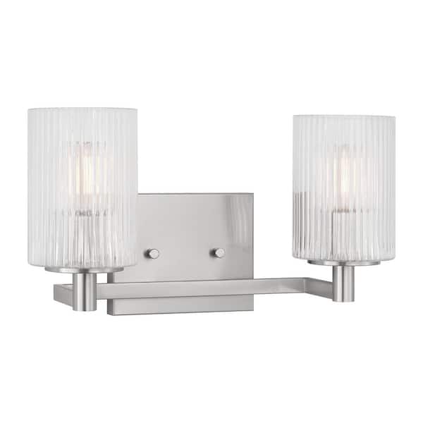 Lando 14.25 in. W 2-Light Brushed Steel Bathroom Vanity Light with Clear Fluted Glass Shades and LED Bulbs Included